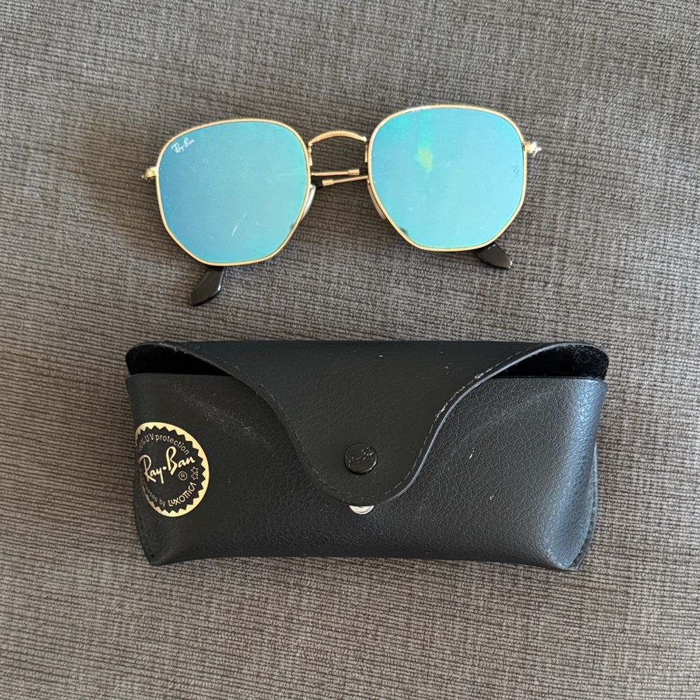 Ray-Ban Sunglasses with Gold Frame and Blue Lenses